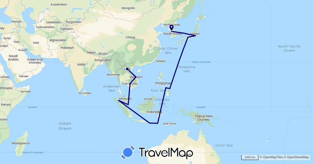 TravelMap itinerary: driving in Indonesia, Japan, South Korea, Laos, Philippines, Singapore (Asia)